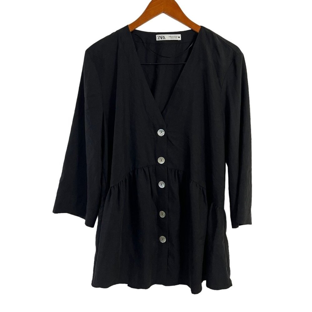 Zara Womens Blouse Medium Relaxed Fit Peplum Tunic Button Up 3/4 Sleeve Babydoll